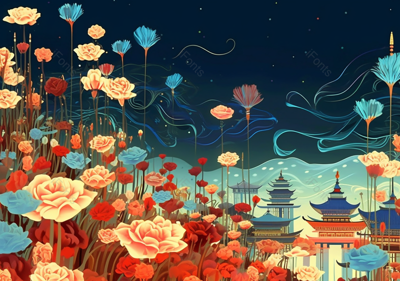 鲜花盛开簇拥下的古典建筑楼阁背景,插画/手绘图,插画/手绘图库,插画/手绘图下载,插画/手绘